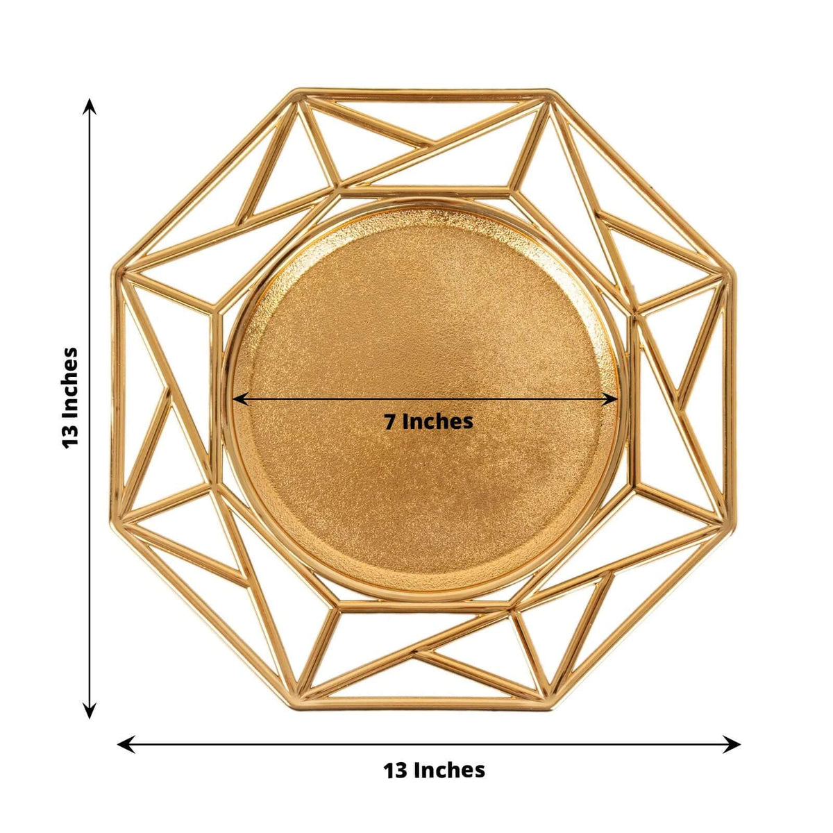 6-Pack Acrylic Charger Plates 13" Octagon Metallic Gold with Hollow Geometric Rim - Plastic Disposable Decorative Chargers